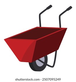Red empty wheelbarrow standing on one wheel, a gardening tool