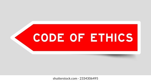 Red en color arrow shape sticker label with word code of ethics on gray background