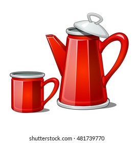 Red enamel teapot and mug isolated on white background. Vector cartoon close-up illustration.