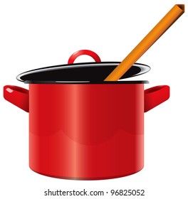 Red enameled saucepan with a lid and a wooden spoon. Vector illustration.