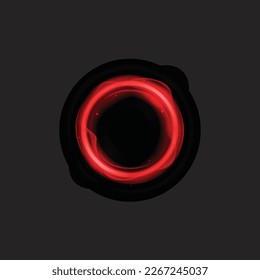 Red energy circle frame template. Round banner with flashes electric and swirl rays with glowing digital glitter on dark vector surface