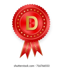 Red energy class label with ribbon and gold inscription and star from efficiency C. 3D Color mark rating for electrical appliances and energy saving. Marking the highest energy class 