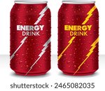 Red Energy drink tin can with many fresh juice drops. Template Tin package design	
