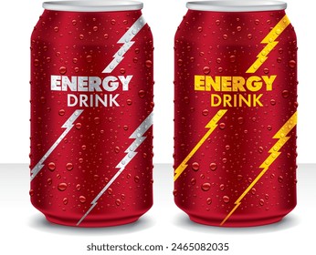 Red Energy drink tin can with many fresh juice drops. Template Tin package design	
