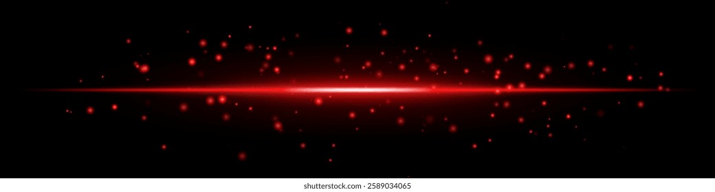 Red energy flare with glowing particles bright horizontal beam on a dark background. The scattered light dots futuristic, high-tech effect, sci-fi, digital visuals, abstract light compositions