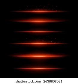 Red energy lines. Glowing horizontal streaks with particle sparks above and below lines. Dark background adds contrast. Suitable for sci-fi, fire, energy, tech visuals.