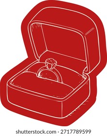 Ilustración roja de la caja del anillo de compromiso con el símbolo romántico dibujado a mano de la propuesta de San Valentín del anillo del diamante aislado en fondo transparente