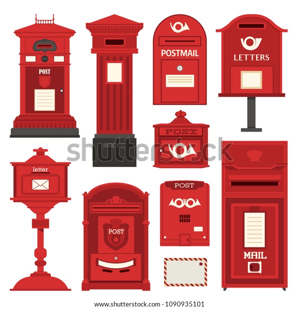 Red english post box set with vertical pillar\
letter-box, public wall letterbox and pedestal mail posts with\
envelope and horn symbols. Vintage mailbox set with classic london\
post box icons.
