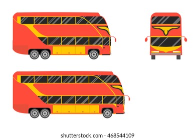 Red English touristic bus, front and side view, flat vector illustration