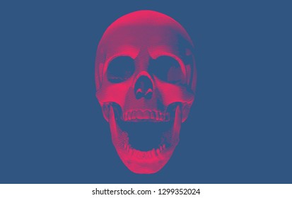 Red engraving drawing skull open mouth with bottom lighting isolated on deep blue background