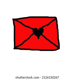 Red envelop with black love on white background. Hand drawn vector illustration