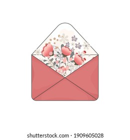 
Red envelope with beautiful delicate flowers. Cute spring illustration. Ideal for decorating postcards for March 8, birthday and other holiday. Vector illustration.