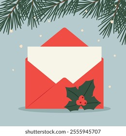red envelope with blank card decorated with fir branches and holly berry twigs; concept of writing christmas wishes - vector illustration