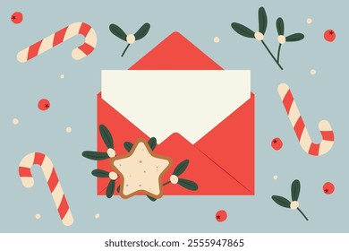 red envelope with blank card and mistletoe twigs, berries, candy canes and gingerbread cookie; concept of writing christmas wishes - vector illustration