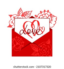 In the red envelope is a card with a heart. Illustration of a love letter. Vector illustration. Flat