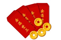 Red Envelope And Chinese Gold Coin Graphic Vector. The Word Appears Translating Chinese And Wealthy