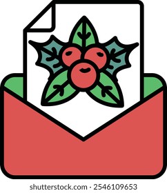 A red envelope with a Christmas tree and berries on it. The envelope is red and has a green border