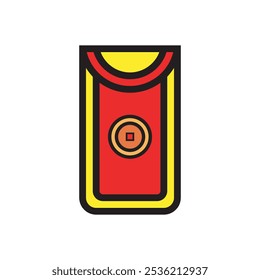 red envelope with a coin ornament in the middle, Chinese new year tradition, Chinese lunar year, envelope sign, red angpao sign, for birthday, wedding, thanks giving, greeting card, vector design. 