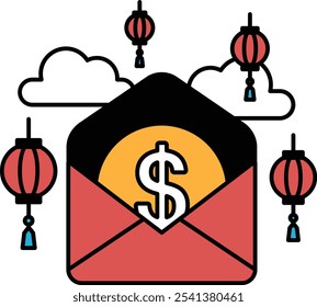 A red envelope with a dollar sign on it. The dollar sign is surrounded by red lanterns