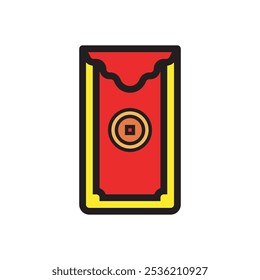 envelope vermelho com capa gravada, com ornamentos de moedas, ano lunar chinês, ícone da tradição chinesa, vermelho angpao, graças dando ilustração de design vetorial. 