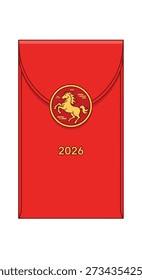 Red envelope featuring a gold horse emblem and the year 2026