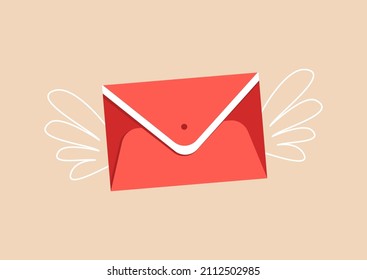 The red envelope flies on wings. Vector closed envelope with a letter on a beige isolated background. Winged message, declaration of love