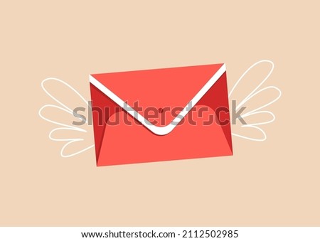The red envelope flies on wings. Vector closed envelope with a letter on a beige isolated background. Winged message, declaration of love