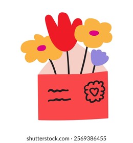 Red envelope with flowers inside. Design for greeting cards. Vector illustration on white background.