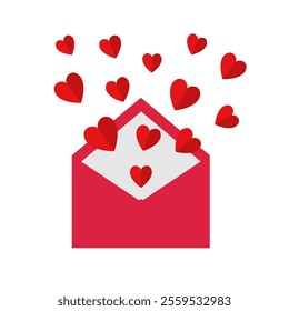 Red envelope with flying red paper hearts. Open letter. Love greeting card. Happy Valentines Day. Cute decoration element. Childish style. Flat design. White background. Isolated. Vector illustration