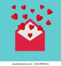 Red envelope with flying red paper hearts. Open letter. Happy Valentines Day. Love greeting card. Cute decoration element. Childish style. Flat design. Isolated. Blue background. Vector illustration