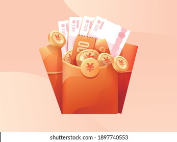 Sobre rojo lleno de monedas de oro y ilustración vectorial de cupones