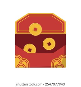 Red Envelope with gold coins illustration. Chinese Red Packet or Envelope for New Year celebration. Isolated on white background.