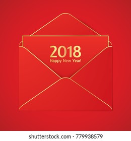 Red envelope with golden strokes and 2018 sign. New year elegant greetig card.