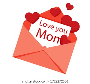 red envelope with hearts containing a mother's day card isolated on white