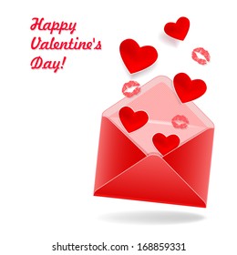 Red envelope with hearts and kisses. Card Valentine's Day. Isolated on white background