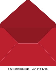 Ilustração de envelope vermelho com aba aberta. Adequado para mensagens, convites ou visuais de email marketing. Estilo plano mínimo útil para design postal ou de comunicação.