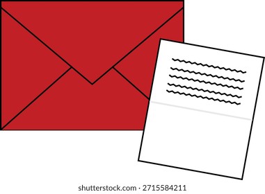 Red envelope with letter vector illustration showing an opened mail envelope and a paper document partially pulled out.