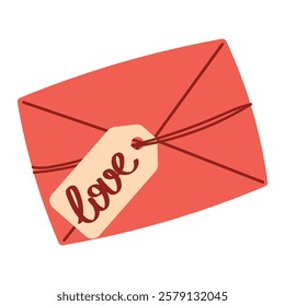 Red envelope with love letter inside tied with ribbon with tag saying Love. Mail, letter or stationery theme. Vector illustration in flat style isolated on white background concept of love, romantic