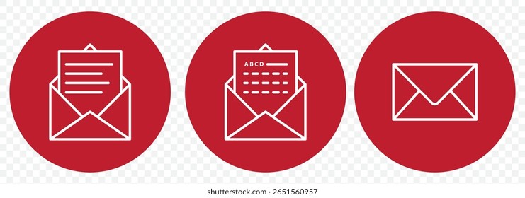Ícone de email Envelope vermelho definido. botões da web do boletim informativo. feche o símbolo vetorial do contorno da carta de email. pictograma fino e plano de fundo branco. sinal da linha da mensagem de email. Comunicação, Mensagens.