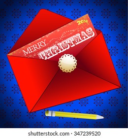 Red Envelope with Merry Christmas Message Snowflake and Pencil Over Blue Background