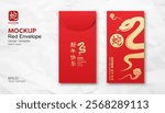 Red Envelope mock up, Ang pao Chinese new year 2025, year of the snake gold and red retro style design, (Characters Translation : Happy new year and snake), on white wrinkled paper, EPS10 Vector 