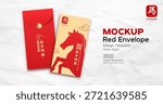 Red Envelope mock up, Chinese new year 2026, year of the horse, retro style design (Characters Translation : Happy new year and horse) on crumpled white paper background, EPS10 Vector illustration