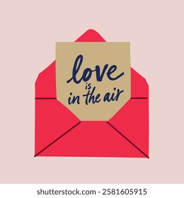 Red envelope with a note on a pale pink background. Vector illustration for Valentine's day.