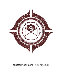 Red envelope with paper with money symbol inside icon inside distressed rubber stamp
