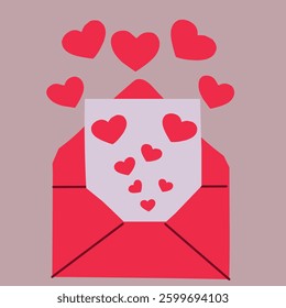 Red envelope with pink hearts. Valentine's day card design element. Color illustration isolated on soft pink background