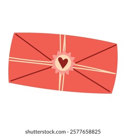 Red envelope with seal and heart tied with string. Vector romantic envelope icon. Love letter illustration in flat style.