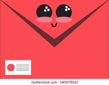 A red envelope sealed with a stamp and the seal flap containing a cute little emoji with eyes rolled up has a closed smile turning up to the cheek, vector, color drawing or illustration.