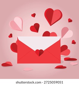 Un sobre rojo con un interior blanco rodeado de varios corazones rojos y rosas sobre un fondo rosa suave, creando una atmósfera festiva de San Valentín con colores vibrantes y una composición juguetona