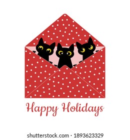 Roter Umschlag mit weißen Polka-Punkten mit schwarzen Katzen. Cute valentine zum Bedrucken von Tassen, Kleidung, Kissen, Decken. Liebesbrief. Vektorgrafik.