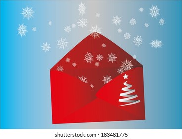 Red envelope with winter signs - snow and christmas tree